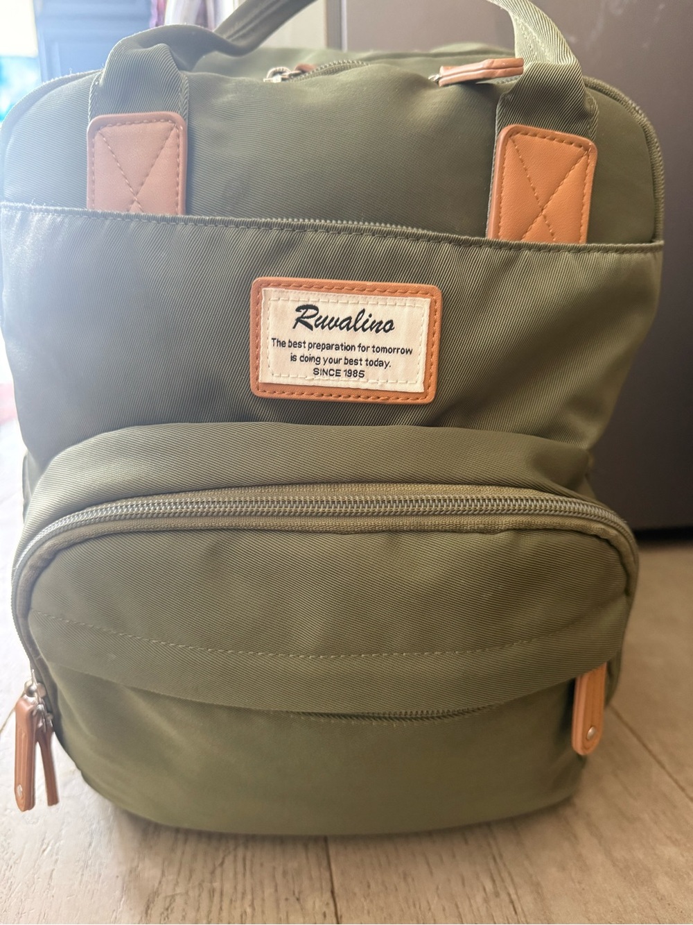 Olive Green Diaper Bag Backpack with Tan Accents